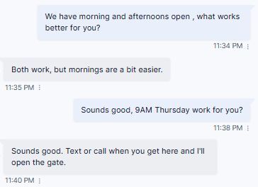 Text thread: the business offers mornings or afternoons, the customer picks mornings, the business offers 9 AM Thursday and the customer says yes.